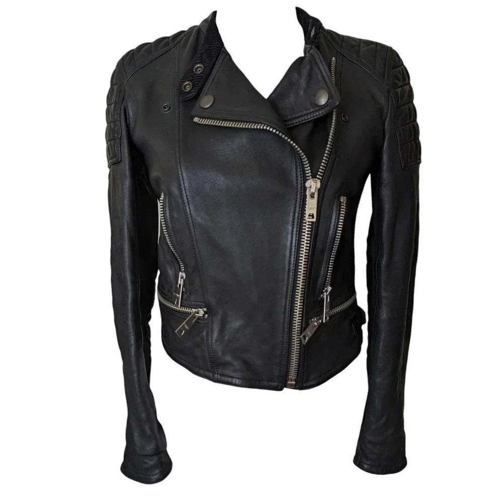 Burberry Brit Black Leather Biker Jacket Size 4 Moto Quilted